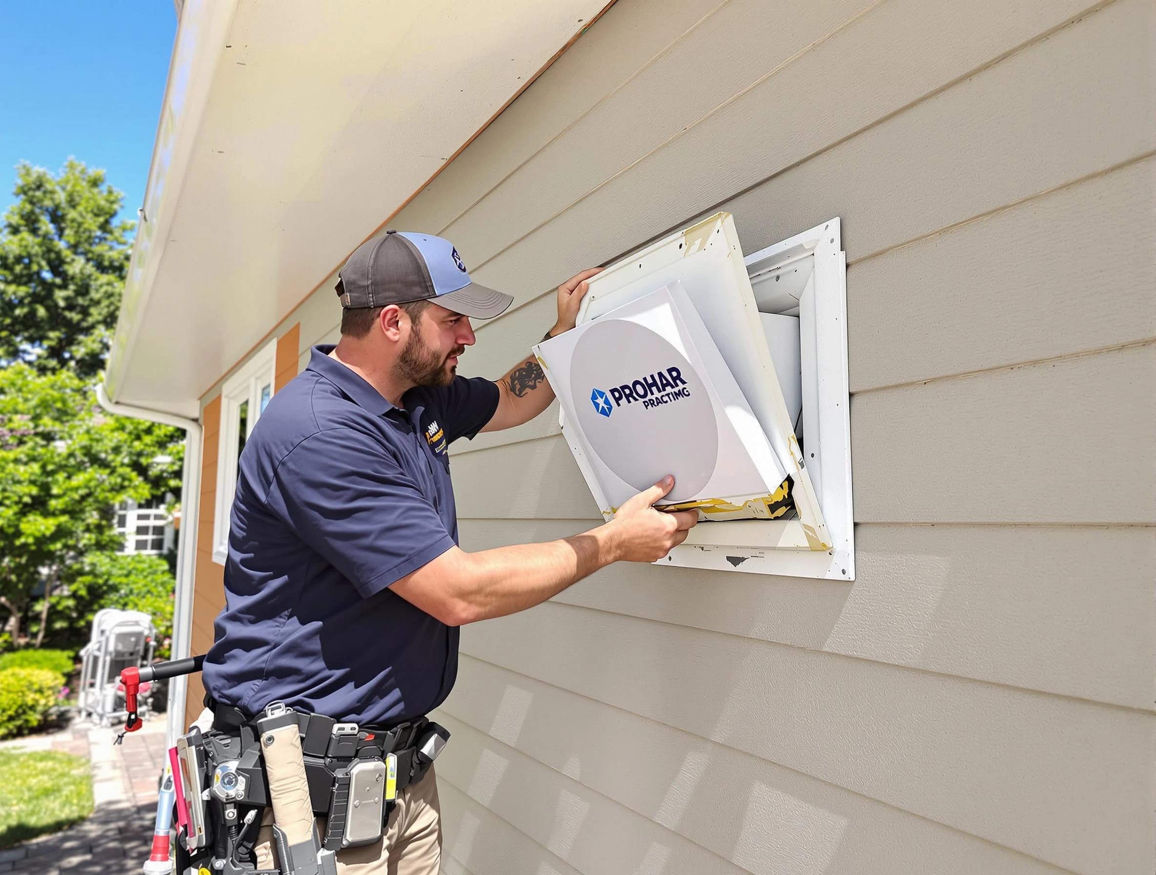 Surprise Dryer Vent Cleaning technician installing a new protective dryer vent cover on a home in Surprise