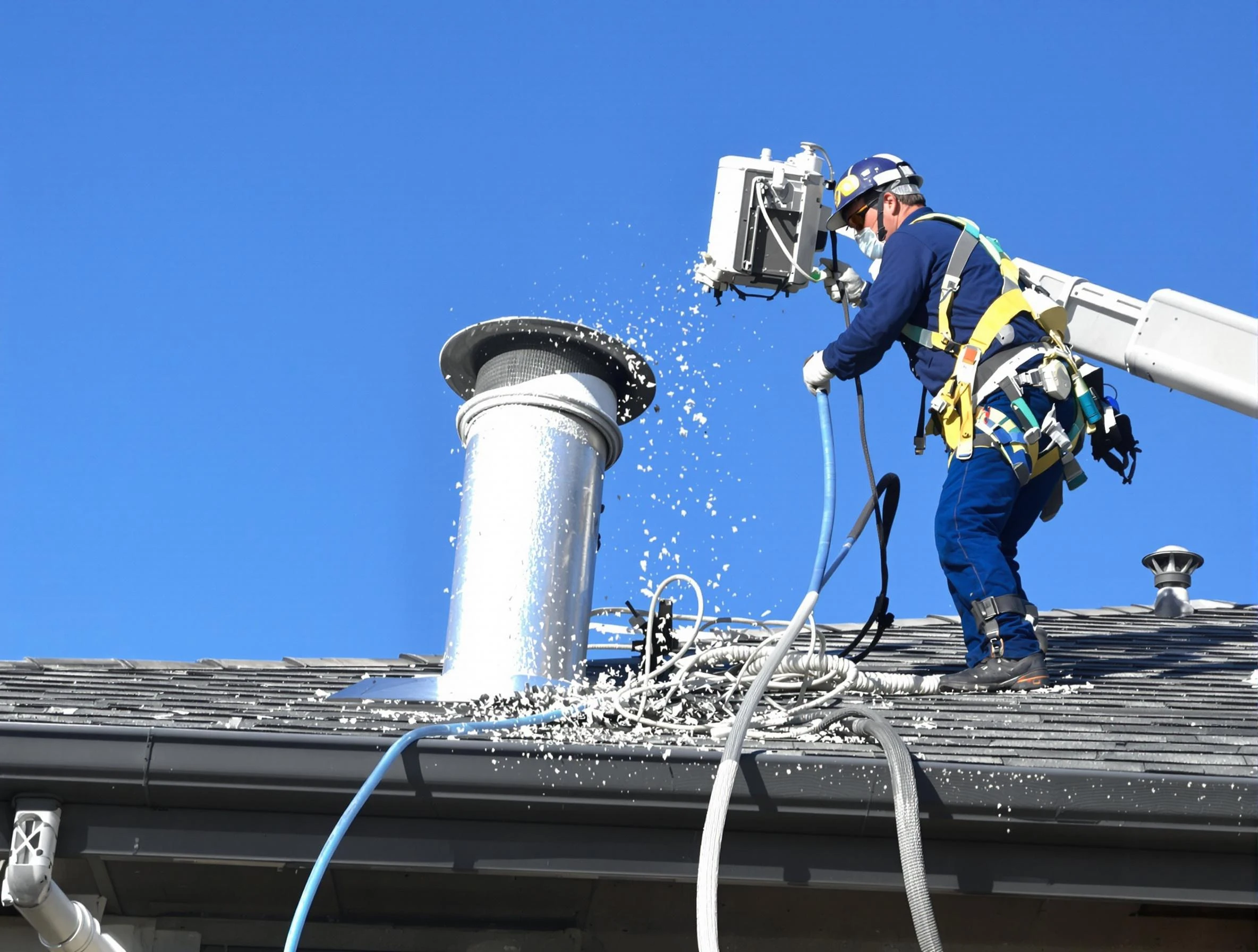 Surprise Dryer Vent Cleaning certified technician safely cleaning a roof-mounted dryer vent in Surprise